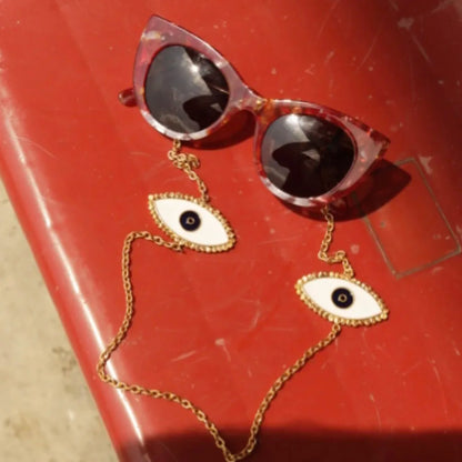 Evil Eye Sunglasses Chain - Gold Enamel Eyewear Holder Necklace
