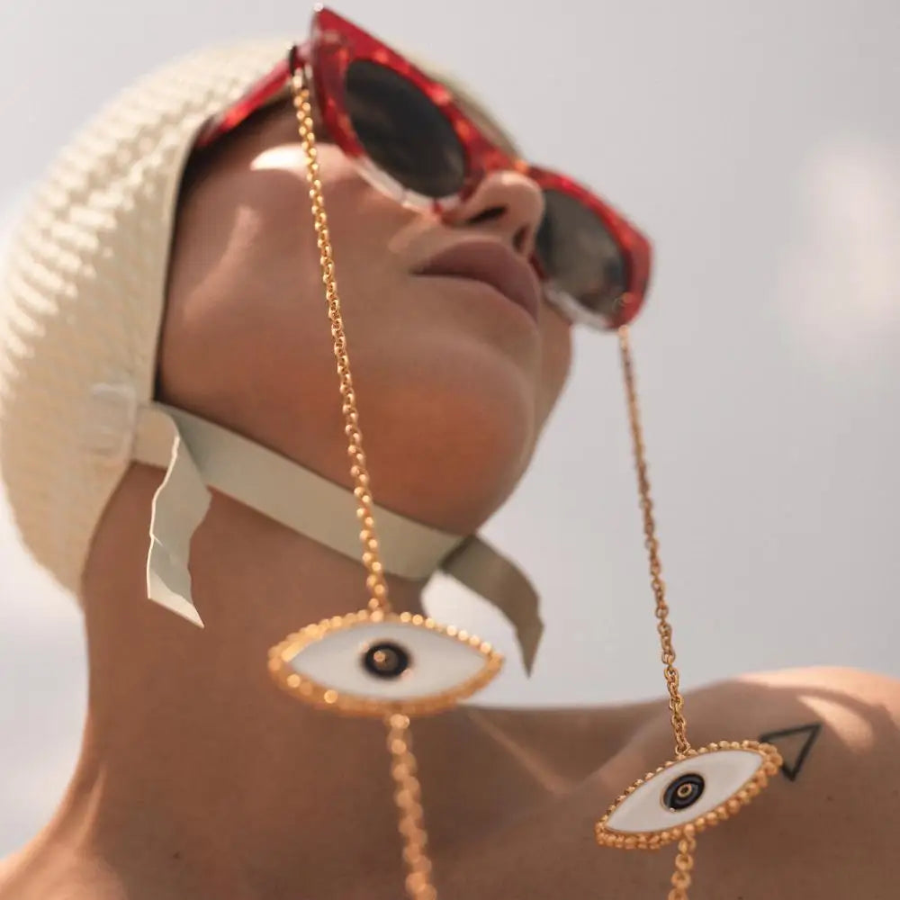Evil Eye Sunglasses Chain - Gold Enamel Eyewear Holder Necklace
