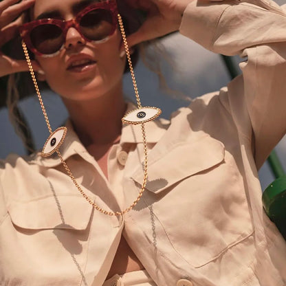 Evil Eye Sunglasses Chain - Gold Enamel Eyewear Holder Necklace