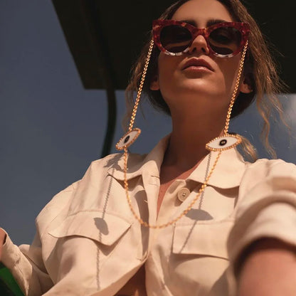 Evil Eye Sunglasses Chain - Gold Enamel Eyewear Holder Necklace