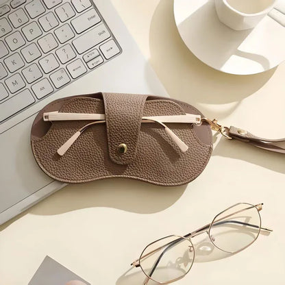 Chic PU Leather Glasses Pouch with Snap Buckle & Keychain - Soft-Lined Eyewear Case