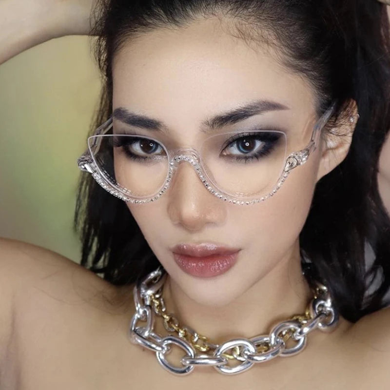 Vintage Half Frame Cat Eye Blue Light Blocking Glasses - Diamond Detail Women's Optical Frames