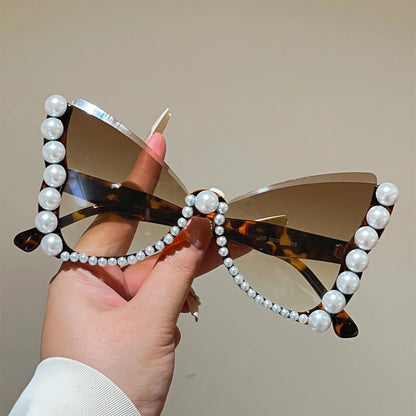 KAMMPT Oversized Sunglasses with Pearls Women Fashion Butterfly Shaped Gradient Shades 2026 New Trendy Brand Design Sun Glasses