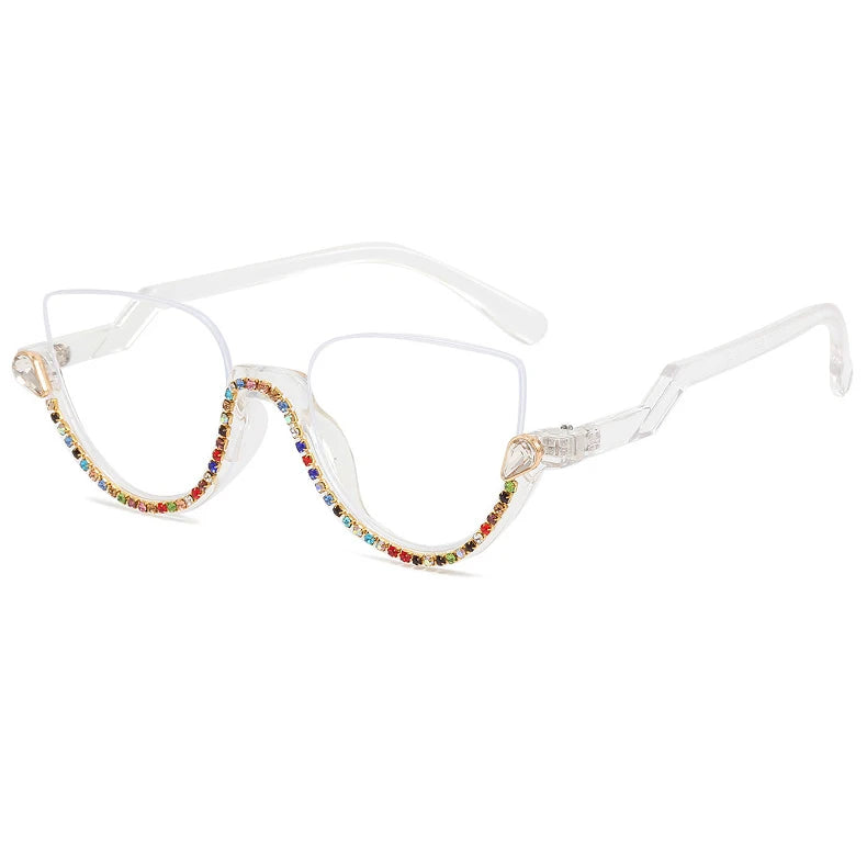 Vintage Half Frame Cat Eye Blue Light Blocking Glasses - Diamond Detail Women's Optical Frames
