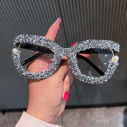 Full Diamond Oversized Blue Light Glasses - Fashion Square Computer Eyewear for Women