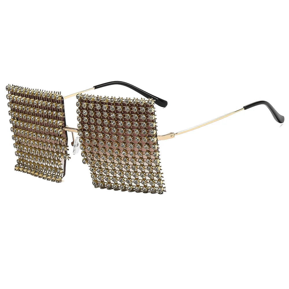 Full Rhinestone Covered Square Sunglasses for Women Luxury Bling Rimless Statement Shades UV400 for Nightclub Party Festival