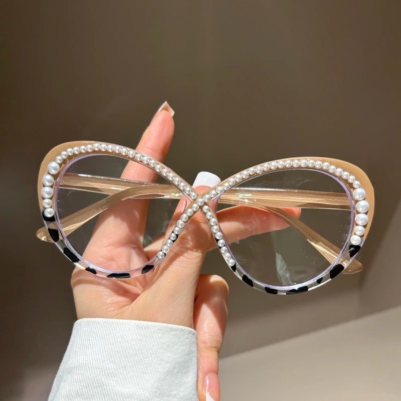 Luxury Pearl Eyeglasses - Large Frame Anti Blue Light Fashion Glasses