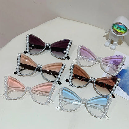 KAMMPT Oversized Sunglasses with Pearls Women Fashion Butterfly Shaped Gradient Shades 2026 New Trendy Brand Design Sun Glasses
