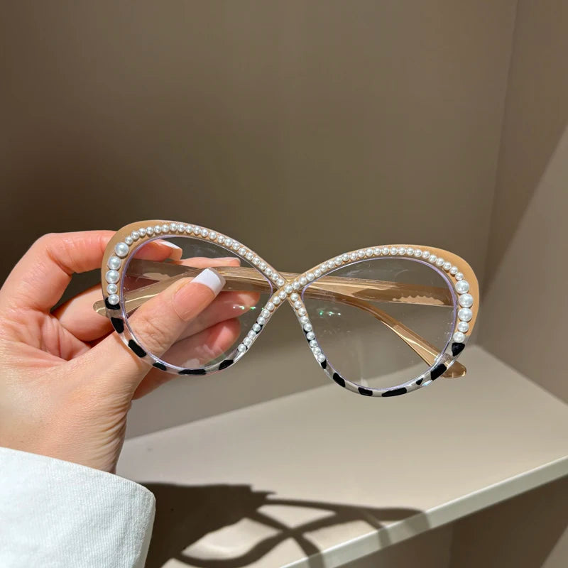 Luxury Pearl Eyeglasses - Large Frame Anti Blue Light Fashion Glasses