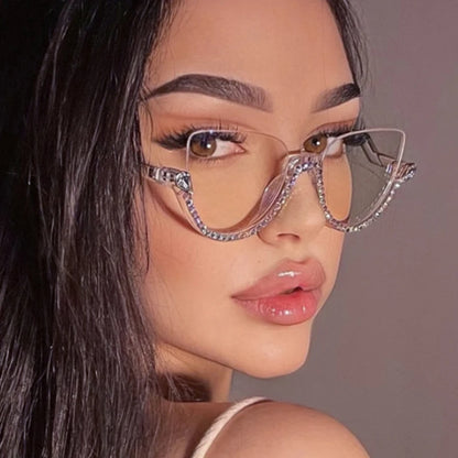 Vintage Half Frame Cat Eye Blue Light Blocking Glasses - Diamond Detail Women's Optical Frames