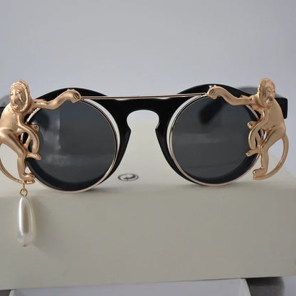 Baroque Pearl Tassel Sunglasses - Vintage Rhinestone Eyewear for Women