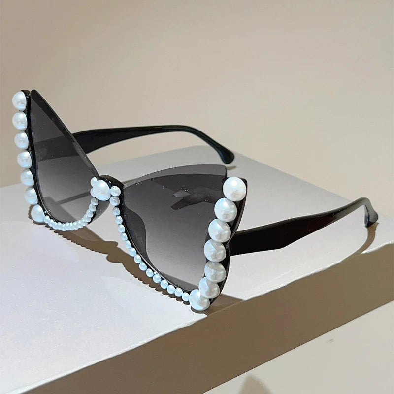 KAMMPT Oversized Sunglasses with Pearls Women Fashion Butterfly Shaped Gradient Shades 2026 New Trendy Brand Design Sun Glasses