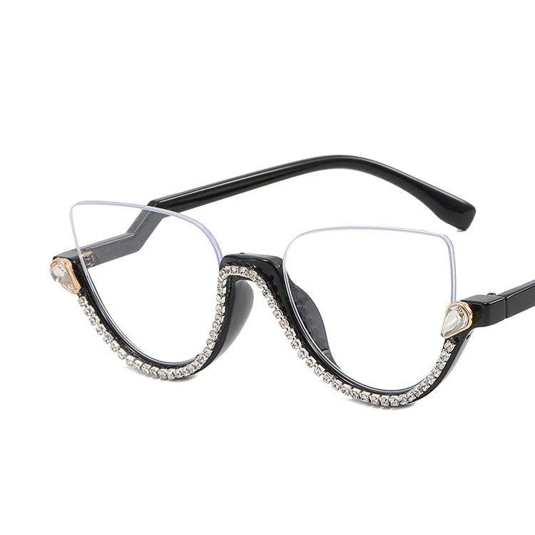 Vintage Half Frame Cat Eye Blue Light Blocking Glasses - Diamond Detail Women's Optical Frames