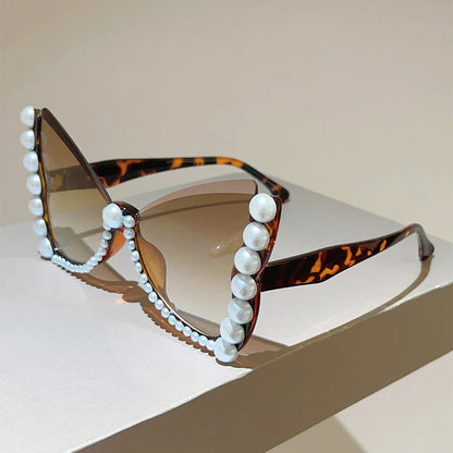 KAMMPT Oversized Sunglasses with Pearls Women Fashion Butterfly Shaped Gradient Shades 2026 New Trendy Brand Design Sun Glasses