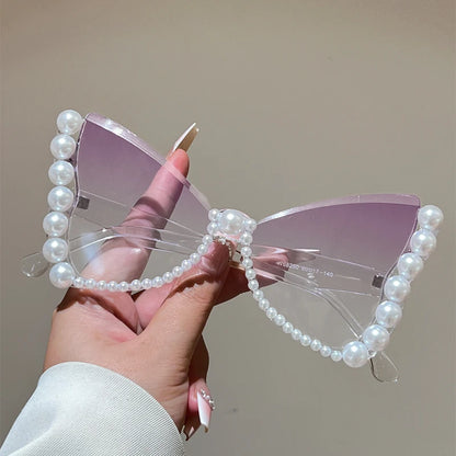 KAMMPT Oversized Sunglasses with Pearls Women Fashion Butterfly Shaped Gradient Shades 2026 New Trendy Brand Design Sun Glasses