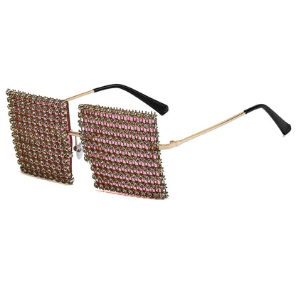 Full Rhinestone Covered Square Sunglasses for Women Luxury Bling Rimless Statement Shades UV400 for Nightclub Party Festival
