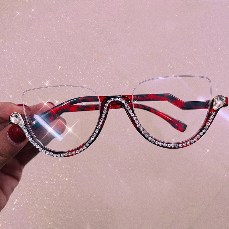Vintage Half Frame Cat Eye Blue Light Blocking Glasses - Diamond Detail Women's Optical Frames