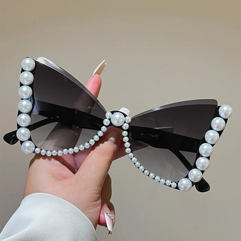 KAMMPT Oversized Sunglasses with Pearls Women Fashion Butterfly Shaped Gradient Shades 2026 New Trendy Brand Design Sun Glasses