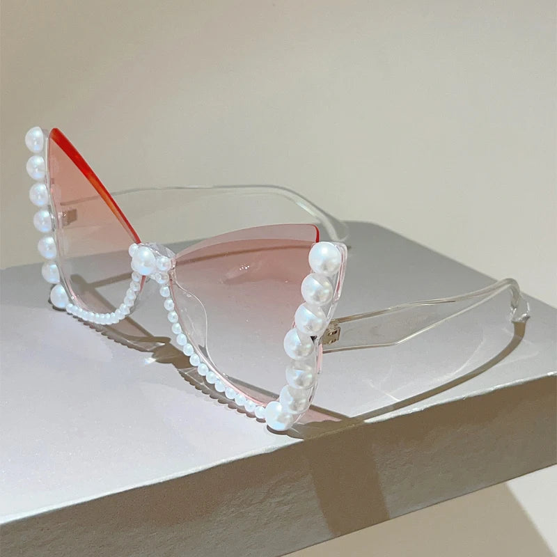 KAMMPT Oversized Sunglasses with Pearls Women Fashion Butterfly Shaped Gradient Shades 2026 New Trendy Brand Design Sun Glasses