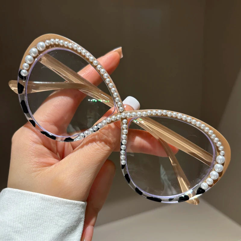 Luxury Pearl Eyeglasses - Large Frame Anti Blue Light Fashion Glasses