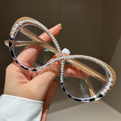 Luxury Pearl Eyeglasses - Large Frame Anti Blue Light Fashion Glasses