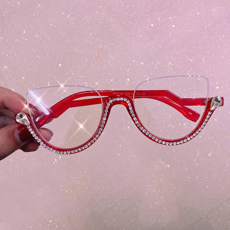 Vintage Half Frame Cat Eye Blue Light Blocking Glasses - Diamond Detail Women's Optical Frames