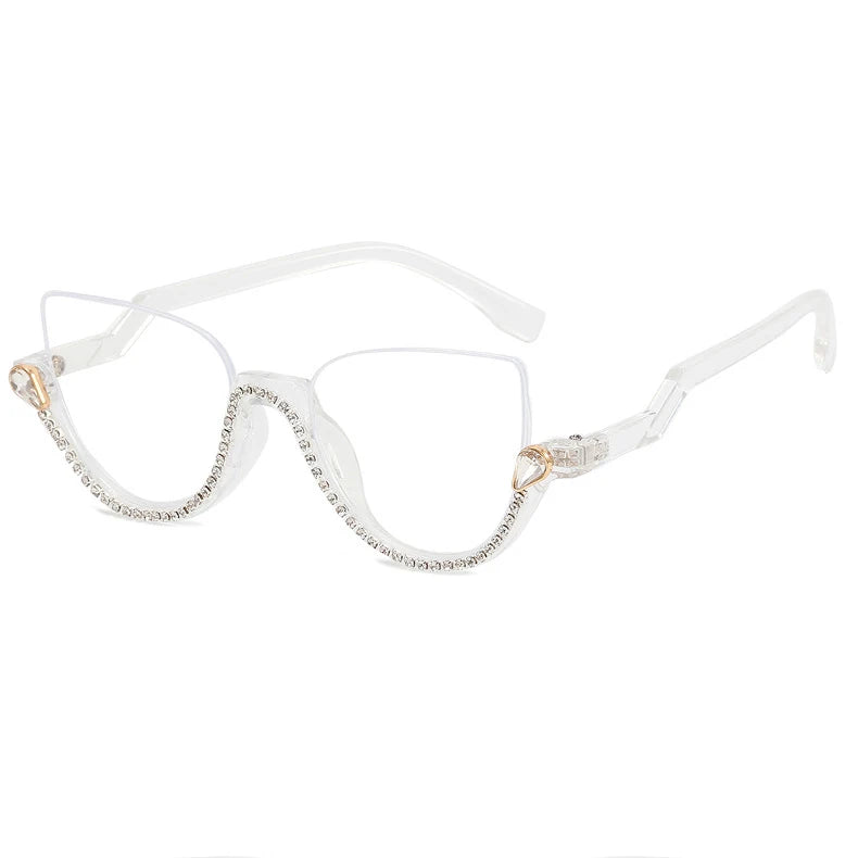 Vintage Half Frame Cat Eye Blue Light Blocking Glasses - Diamond Detail Women's Optical Frames