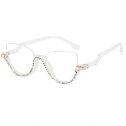 Vintage Half Frame Cat Eye Blue Light Blocking Glasses - Diamond Detail Women's Optical Frames