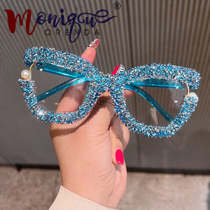 Full Diamond Oversized Blue Light Glasses - Fashion Square Computer Eyewear for Women