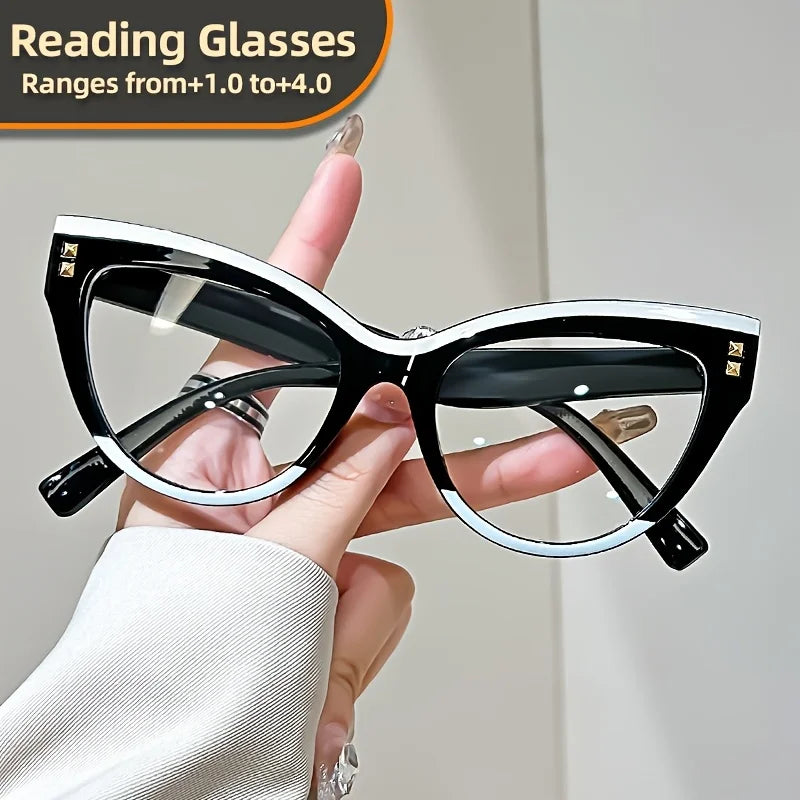 Elegant Cat Eye Reading Glasses with Metal Hinge - Minimalist Color Block Design, Fashion Presbyopic Eyewear +1.0 to +4.0