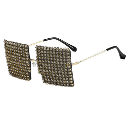 Full Rhinestone Covered Square Sunglasses for Women Luxury Bling Rimless Statement Shades UV400 for Nightclub Party Festival