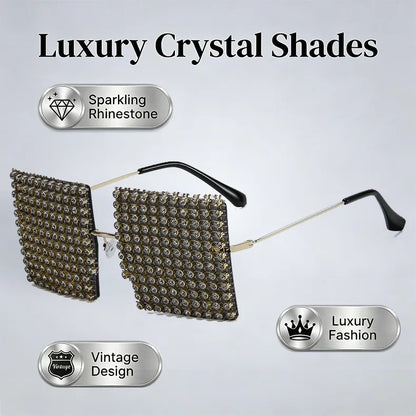 Full Rhinestone Covered Square Sunglasses for Women Luxury Bling Rimless Statement Shades UV400 for Nightclub Party Festival