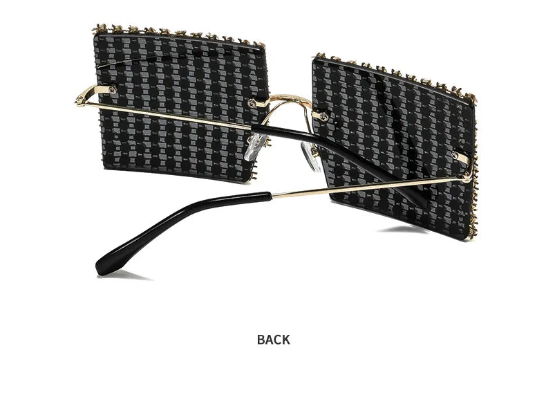 Full Rhinestone Covered Square Sunglasses for Women Luxury Bling Rimless Statement Shades UV400 for Nightclub Party Festival