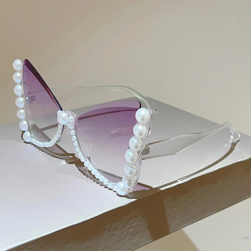 KAMMPT Oversized Sunglasses with Pearls Women Fashion Butterfly Shaped Gradient Shades 2026 New Trendy Brand Design Sun Glasses
