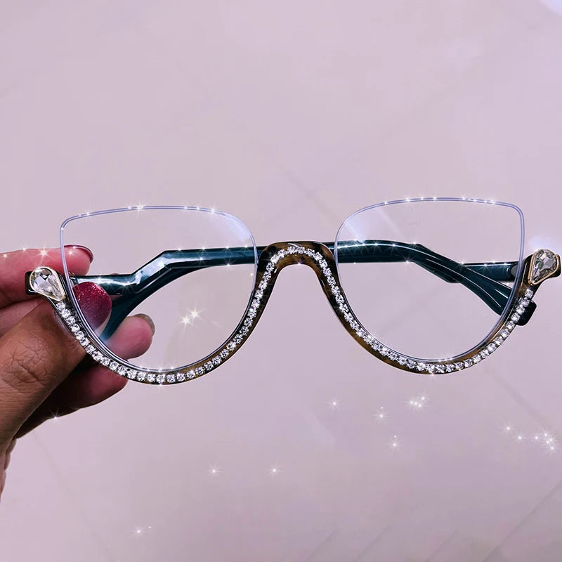 Vintage Half Frame Cat Eye Blue Light Blocking Glasses - Diamond Detail Women's Optical Frames