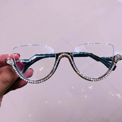 Vintage Half Frame Cat Eye Blue Light Blocking Glasses - Diamond Detail Women's Optical Frames