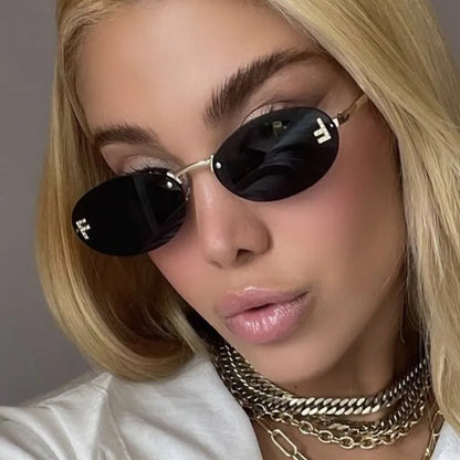 Elegant Diamond Oval Rimless Shades with Letter F Detail