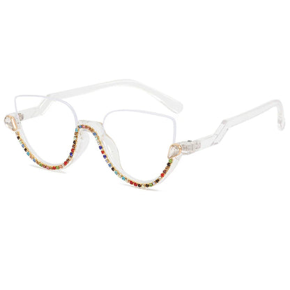 Vintage Half Frame Cat Eye Blue Light Blocking Glasses - Diamond Detail Women's Optical Frames
