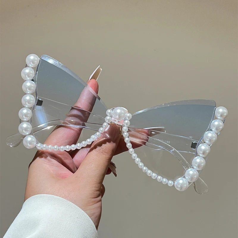 KAMMPT Oversized Sunglasses with Pearls Women Fashion Butterfly Shaped Gradient Shades 2026 New Trendy Brand Design Sun Glasses