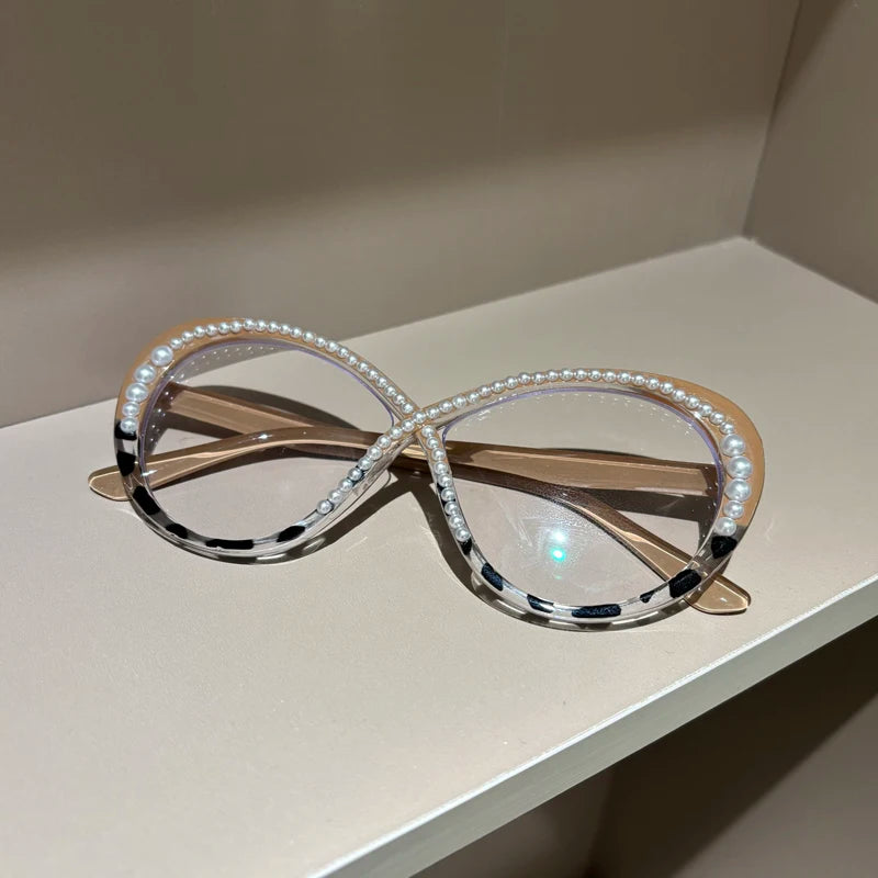 Luxury Pearl Eyeglasses - Large Frame Anti Blue Light Fashion Glasses