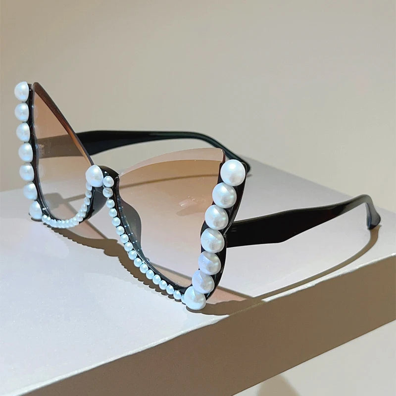 KAMMPT Oversized Sunglasses with Pearls Women Fashion Butterfly Shaped Gradient Shades 2026 New Trendy Brand Design Sun Glasses