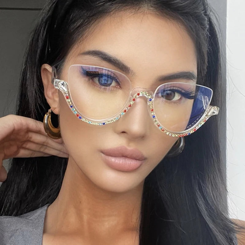 Vintage Half Frame Cat Eye Blue Light Blocking Glasses - Diamond Detail Women's Optical Frames