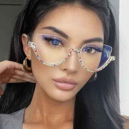 Vintage Half Frame Cat Eye Blue Light Blocking Glasses - Diamond Detail Women's Optical Frames