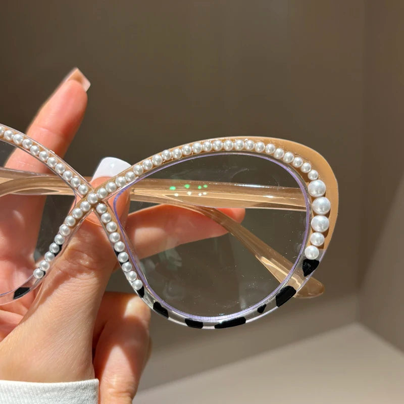 Luxury Pearl Eyeglasses - Large Frame Anti Blue Light Fashion Glasses
