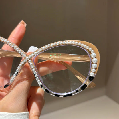 Luxury Pearl Eyeglasses - Large Frame Anti Blue Light Fashion Glasses