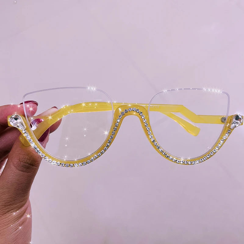 Vintage Half Frame Cat Eye Blue Light Blocking Glasses - Diamond Detail Women's Optical Frames